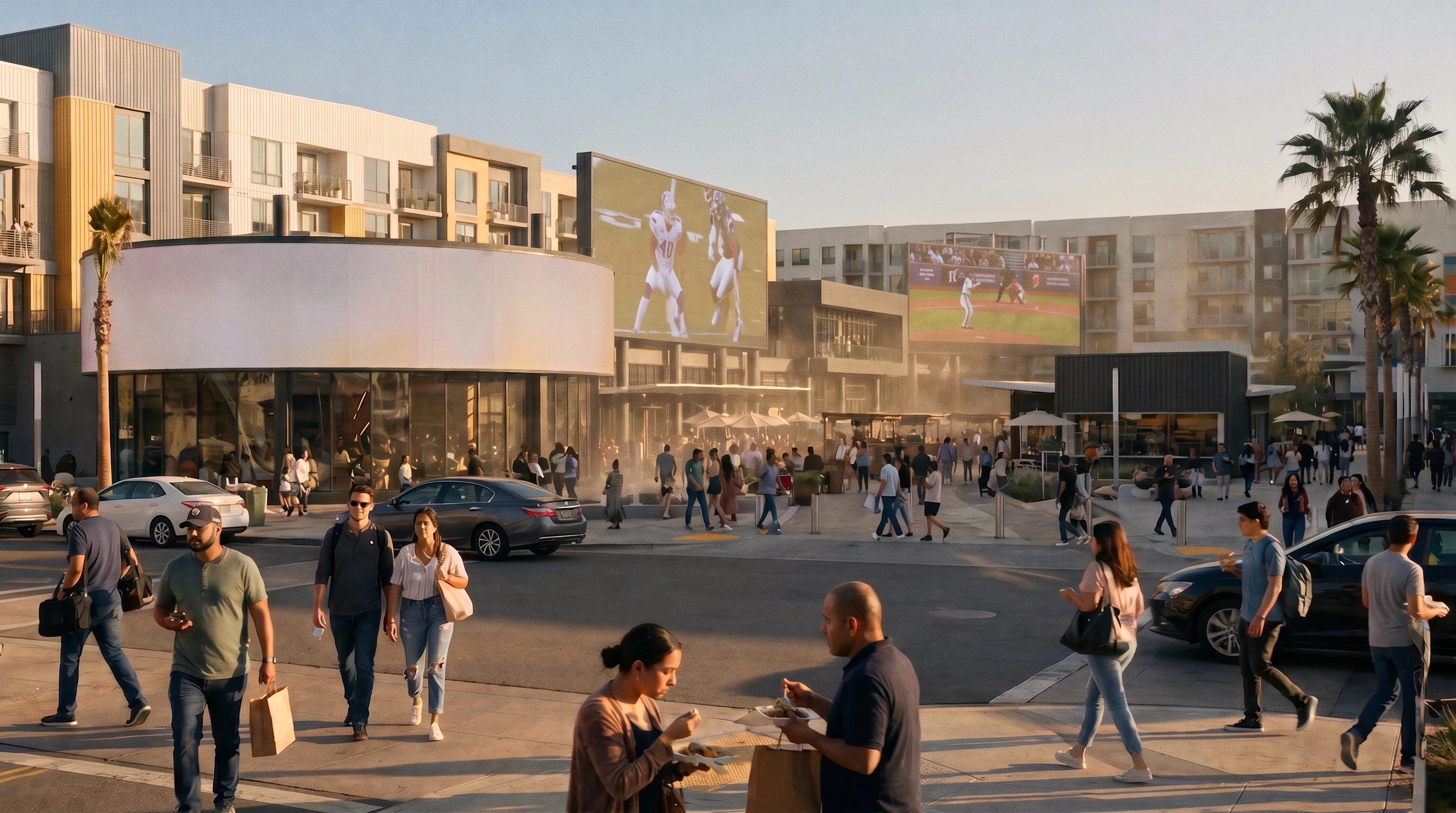 The street toward Toyota Arena at golden hour, cars and pedestrians, screens on the buildings