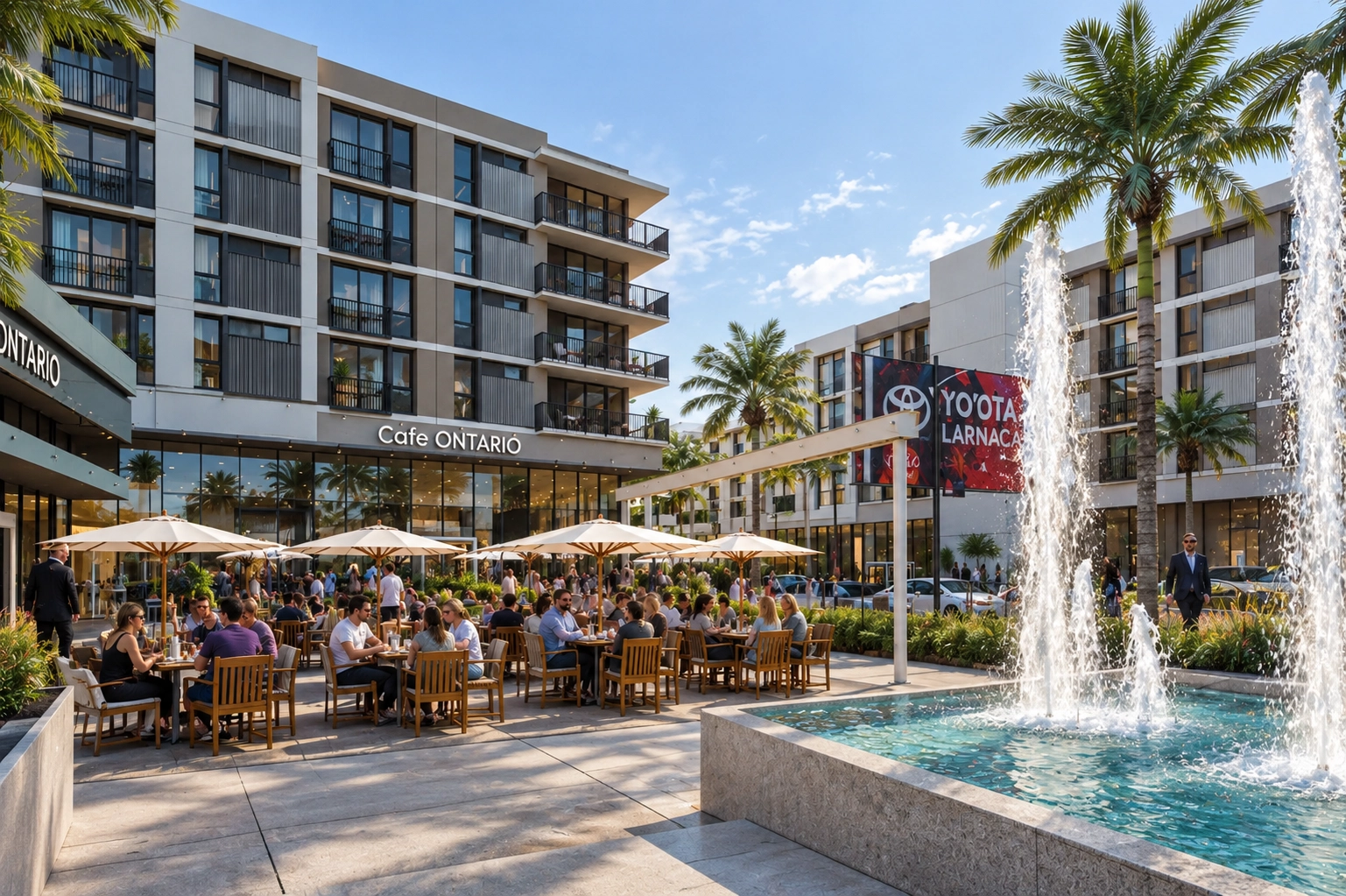 The Round Bar on the Plaza by day: patios under white umbrellas, Toyota Arena behind and the mountains beyond