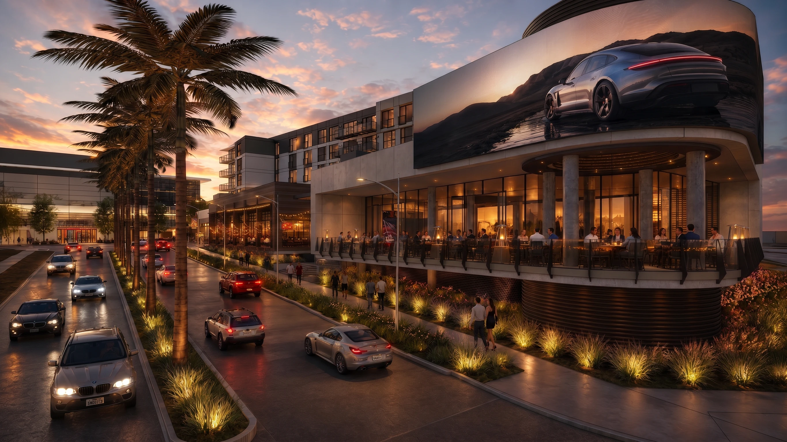 Restaurant frontage at dusk along the street