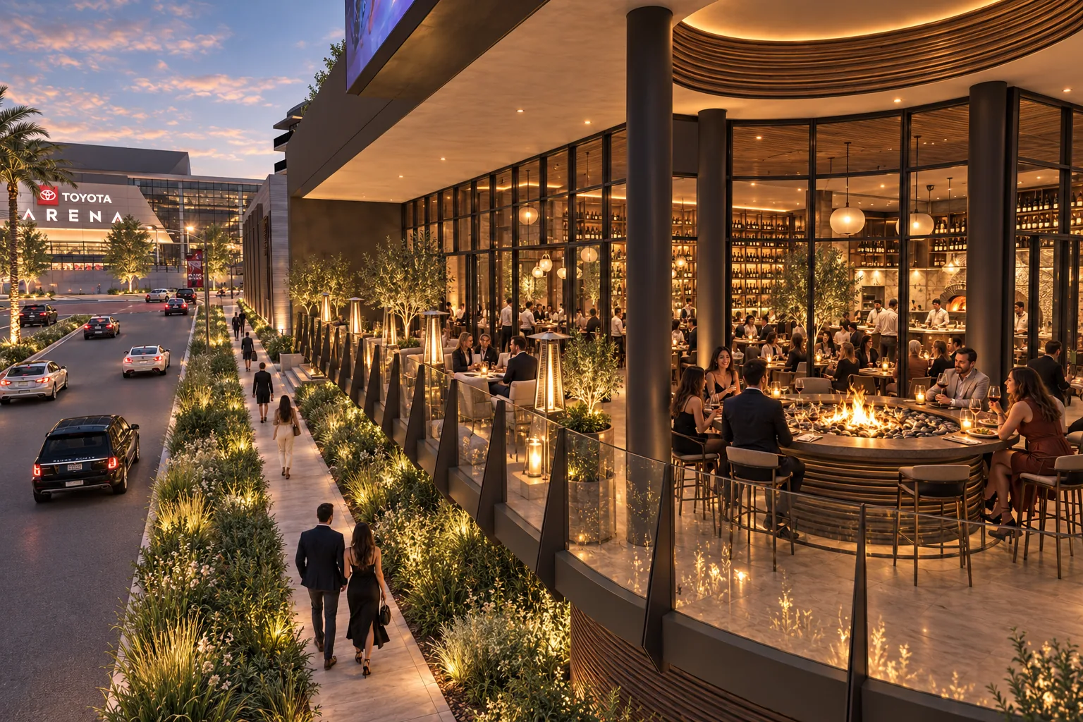 Echo, Lot B at dusk: a corner restaurant terrace around a fire table, the sidewalk below and Toyota Arena down the street