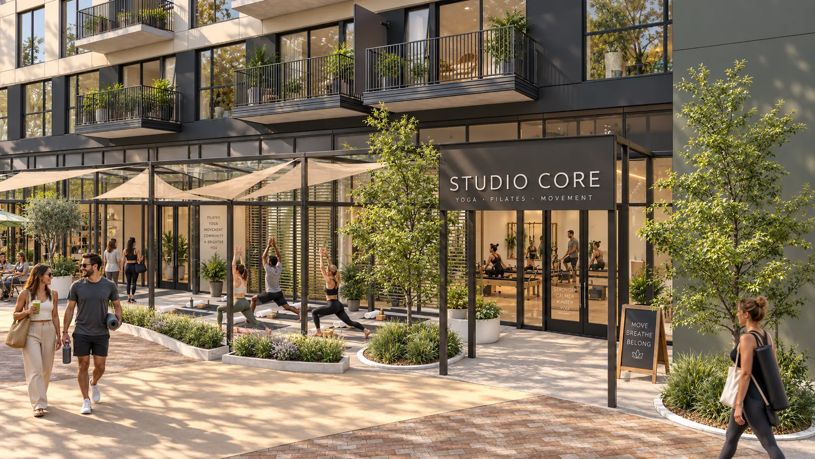 Concept rendering of Suite B2: a studio storefront with classes on the Plaza