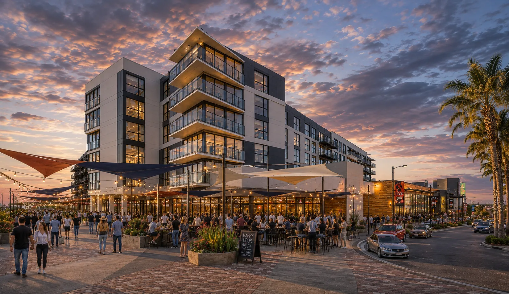 Echo, Lot B, at dusk: the residential building above its ground-floor patios