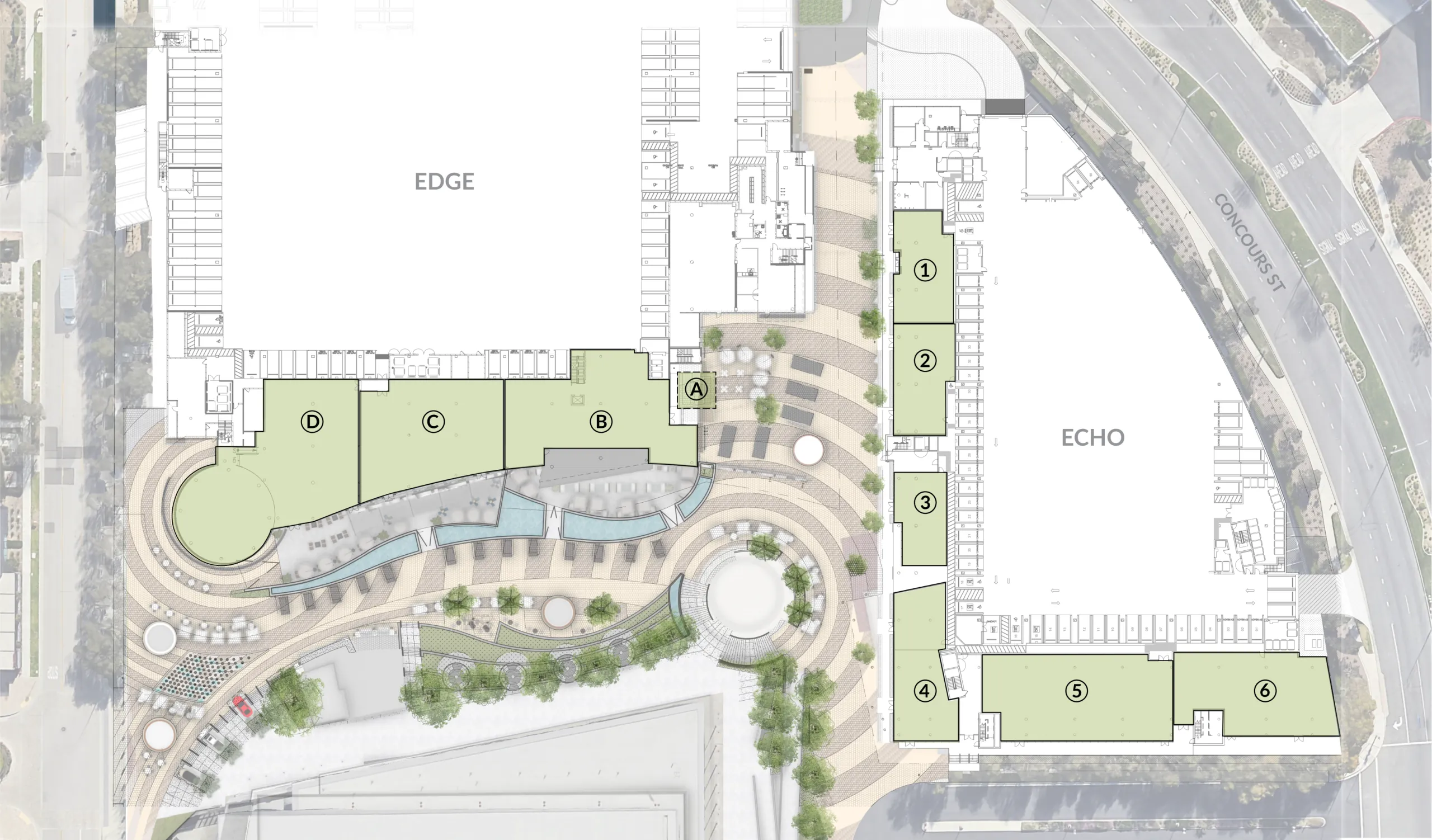 Phase One site plan: Edge suites A1 to A6 along the north side of the Plaza, Echo suites B1 to B6 along the east side, the Round Bar and Wine Bar on the Plaza floor, Toyota Arena to the south