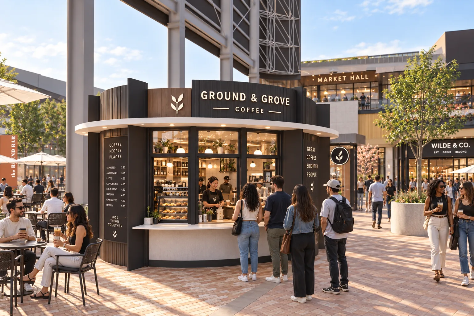 A coffee kiosk on the Plaza with customers at the counter and patio tables beside it