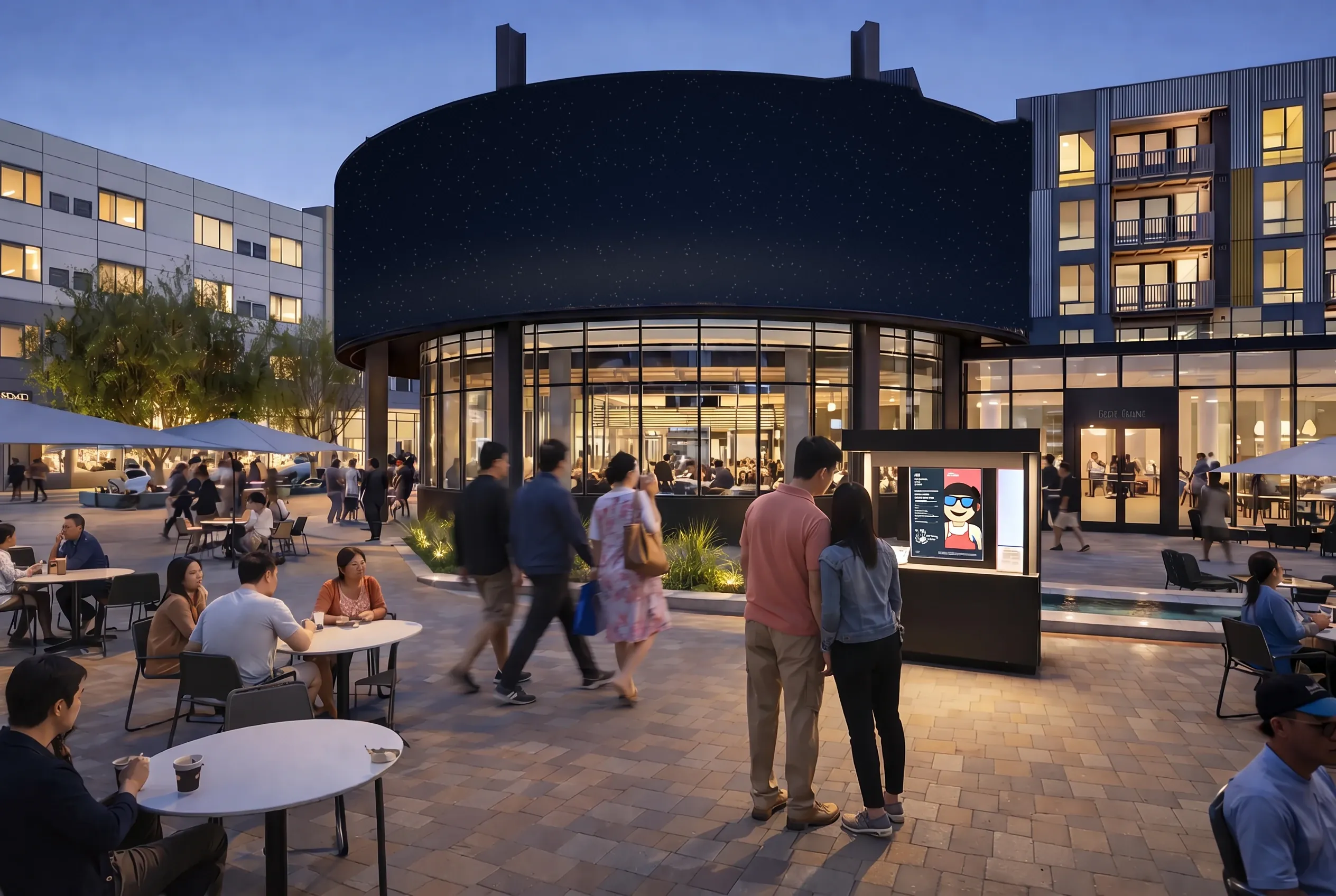 Large LED screens wrapping a pavilion on the Plaza at dusk