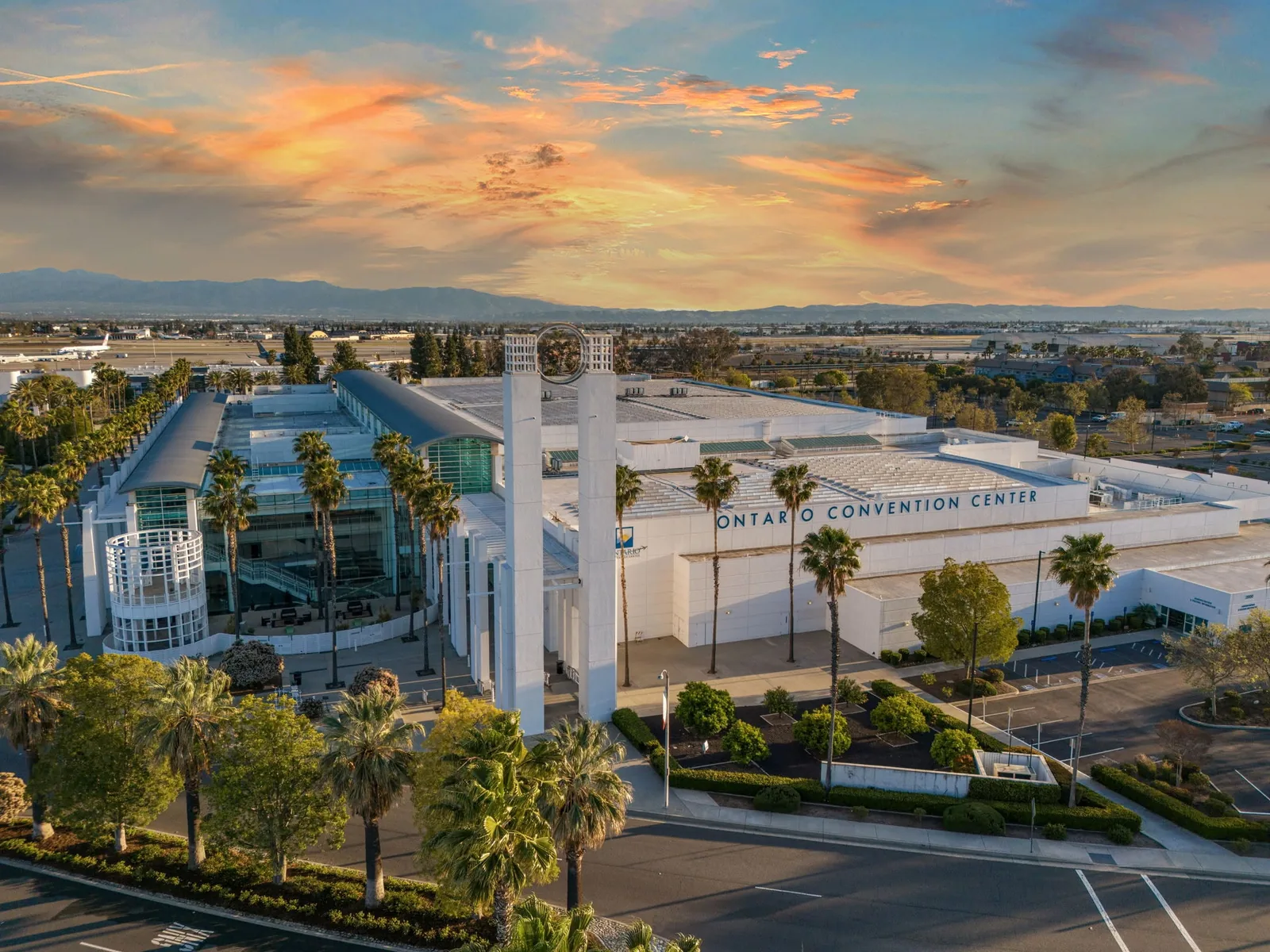 The Ontario Convention Center from above at sunset, with its name along the roofline