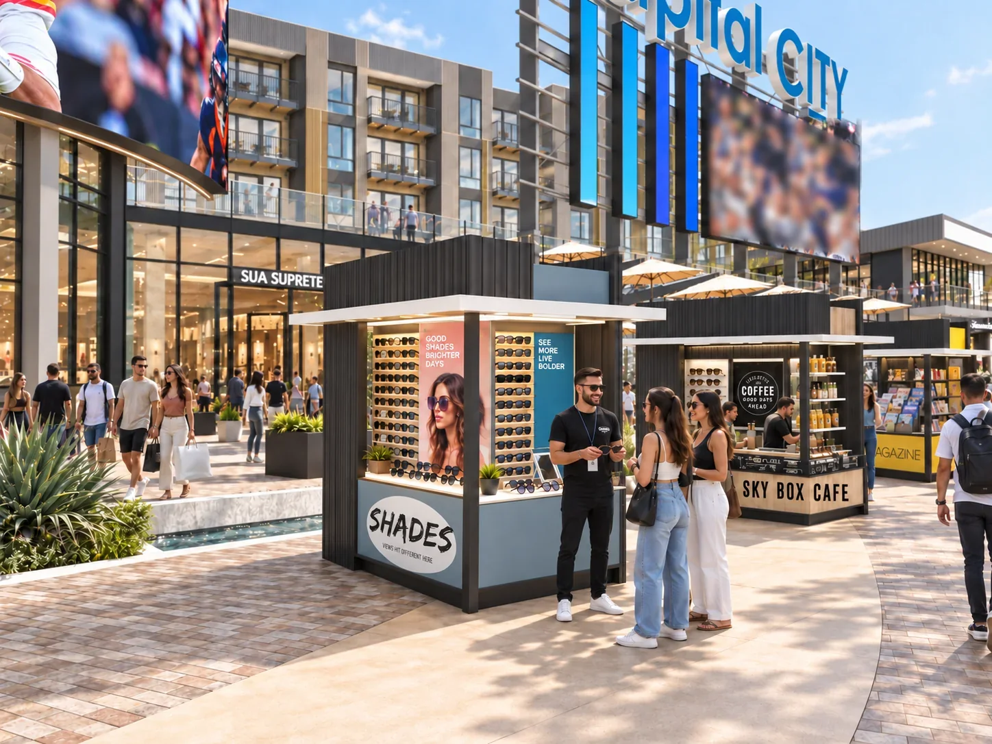 Retail kiosks and shoppers on the Plaza